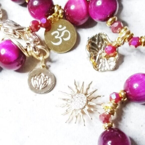 Upscale! Exclusive! Magenta & Hot Pink TigersEye w. Gold Om Aum Bracelet 6-6.5" - Picture 9 of 10